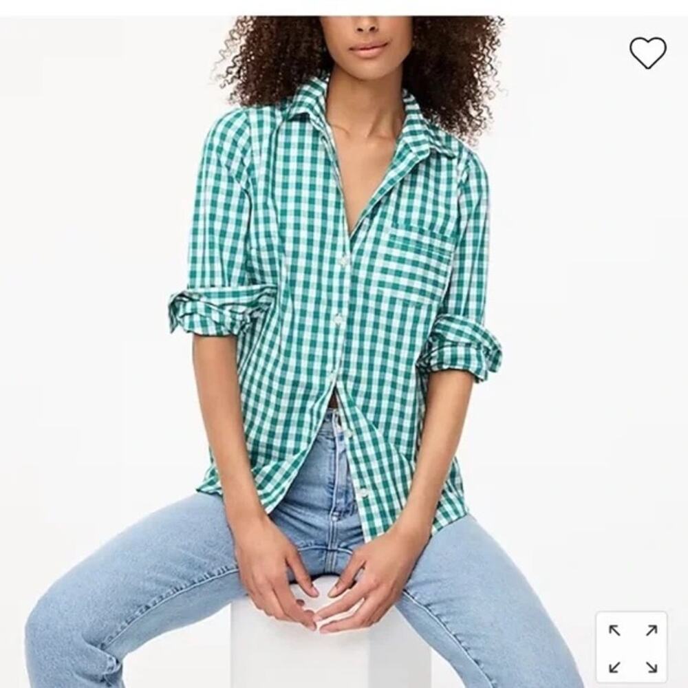 Preppy Poplin Gingham Summer Green/White J. Crew Factory Button-Down Blouse- XS